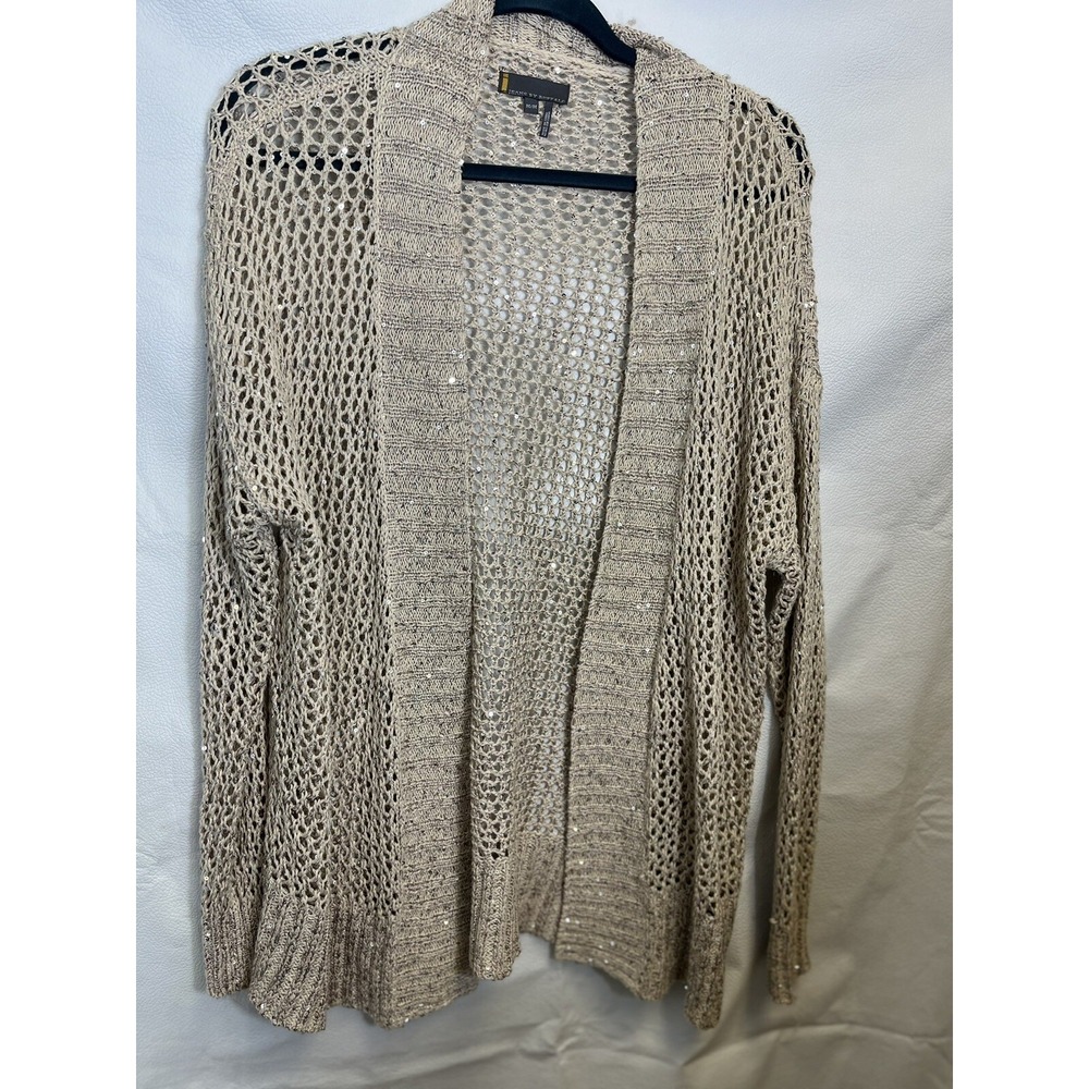 Women’s Sequin Open Knit Cardigan Sweater Size M Tan Jeans By Buffalo Holiday